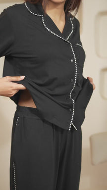 Lana Lace Trim Collared PJ Set - Black